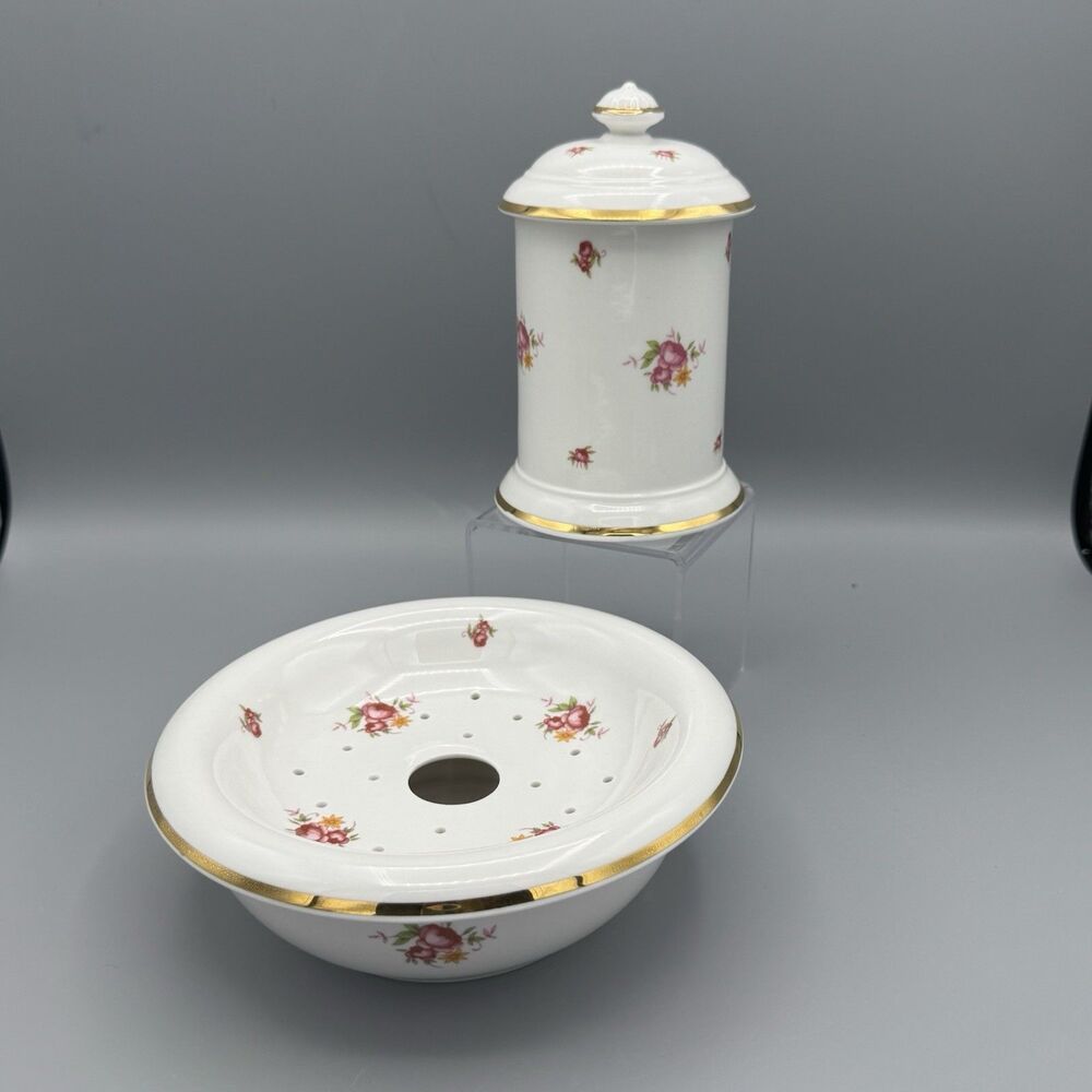 Vtg Laura Ashley Parfums Fine Bone China Bathroom Soap Dish Bowl & Candle Holder